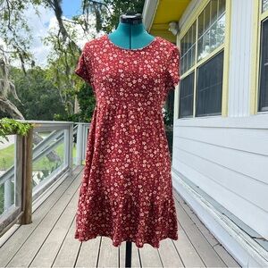 Pink Rose: Red Floral Knee Length Dress. Women’s Size Medium.